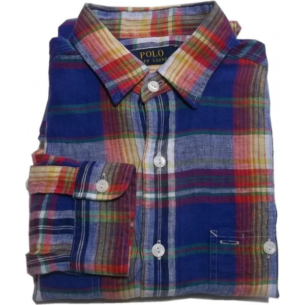 長袖 リネンシャツ 麻 チェック ブルー PR2-013