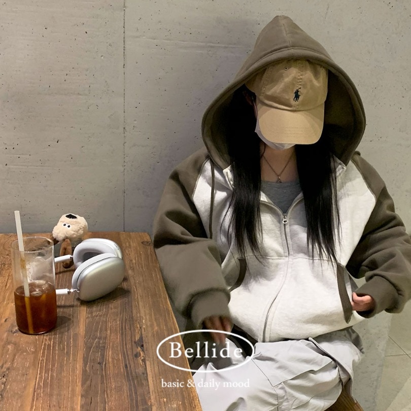 韓国の女性ファッション/ [MADE] 両面起毛ラグラン配色ジップアップパーカー jp1124