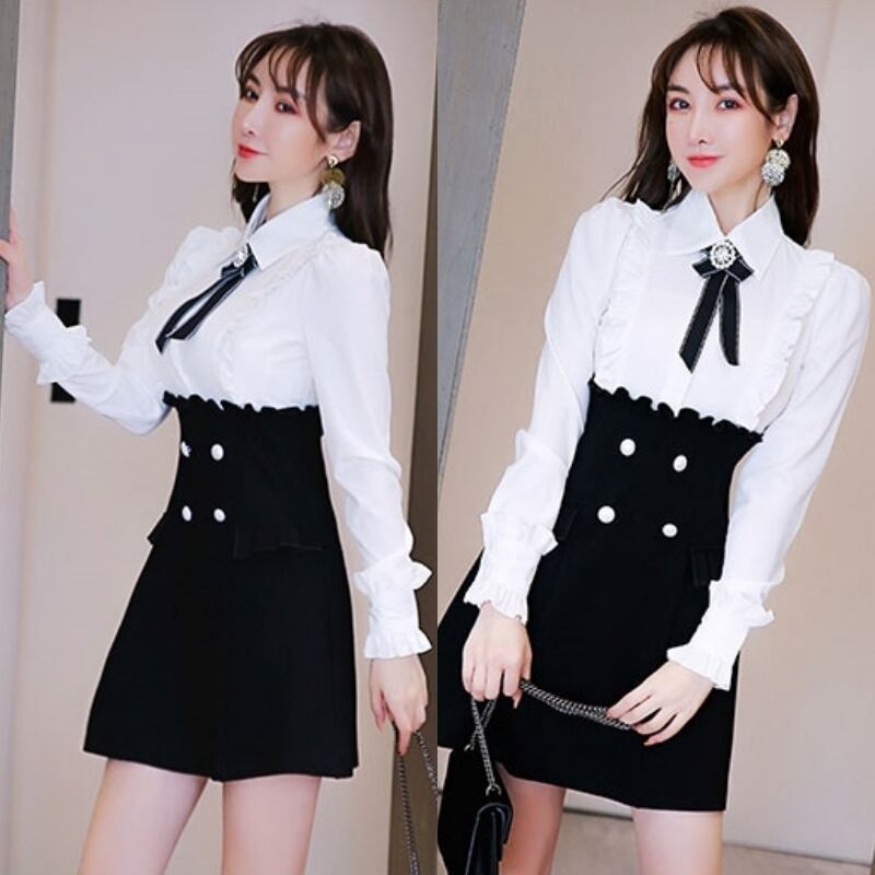 ワンピース ミニスカート ショート 袖あり 長袖 Vネック 襟付き Aライン フリル リボン ポケット コットン ポリエステル かわいい 大人可愛い きれいめ 大人 上品 おしゃれ ca-4145