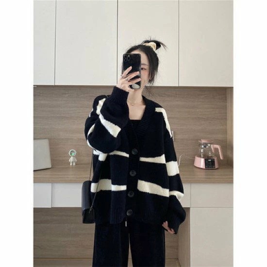 ニットカーディガン レディース カーディガン ボーダー コントラストカラー 長袖 カジュアル おしゃれ Ｖネック ルーズシルエット 春秋 羽織 ライトアウター ニットカーディガン セーター