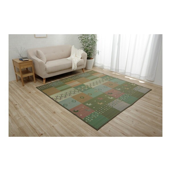 1030290120202 い草ラグ 裏ばり 花ござ カーペット ラグ 2畳 ギャッベ(ギャベ)柄 抗菌防臭 消臭 江戸間2畳 (約174×174cm) 裏:不織布 グリーン メーカー直送