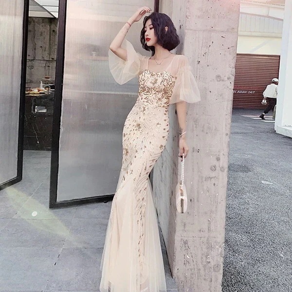 スドレス可愛い花柄スクエアネック夏半袖　ロング丈　マキシ丈お呼ばれゲスト二次会披露宴きれいめスパンコールシフォンマーメード大人レディースタイト上品フレア袖レース結婚式イブニングドレスパーティードレスワ