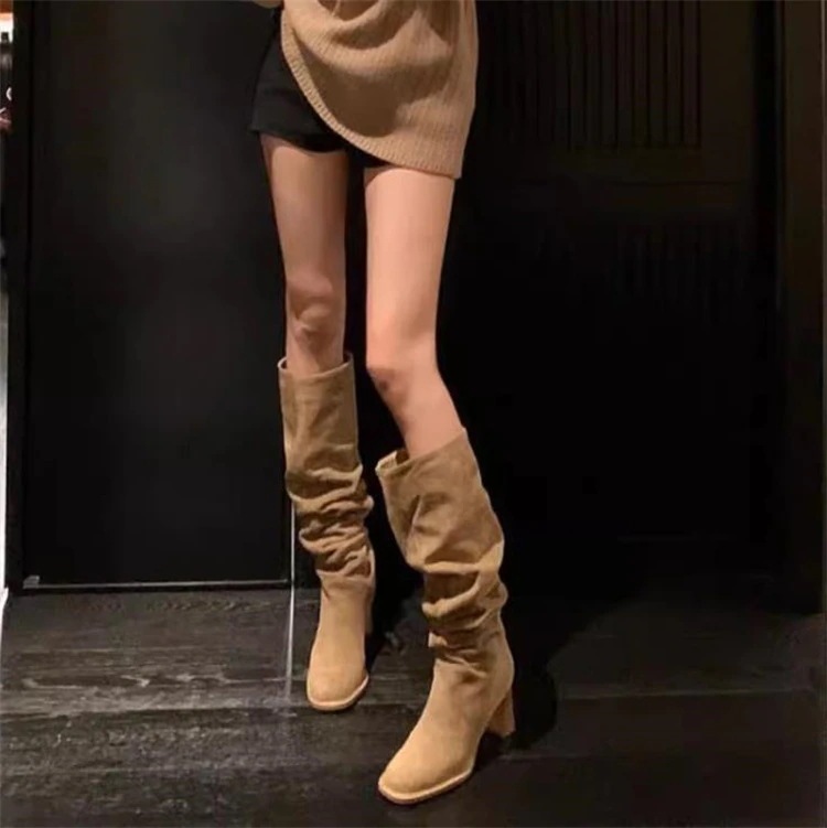 スタイル 太いヒール 高いブーツ 高いヒール ビッグブーツ スリム スタックブーツ サドルブーツ スクエアトゥ ロングブーツ