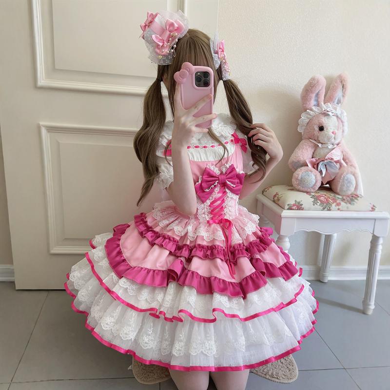 Lolita夏可爱JSK短款公主裙洛丽塔大童吊带蕾丝派对迪士尼蓬蓬裙