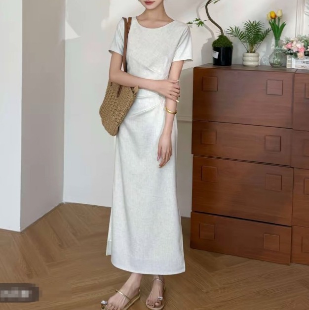 フレンチガーリーなウェストマークワンピース 夏 女性用 収縮ウエスト 痩せ見え 上品 半袖 ロングワンピース