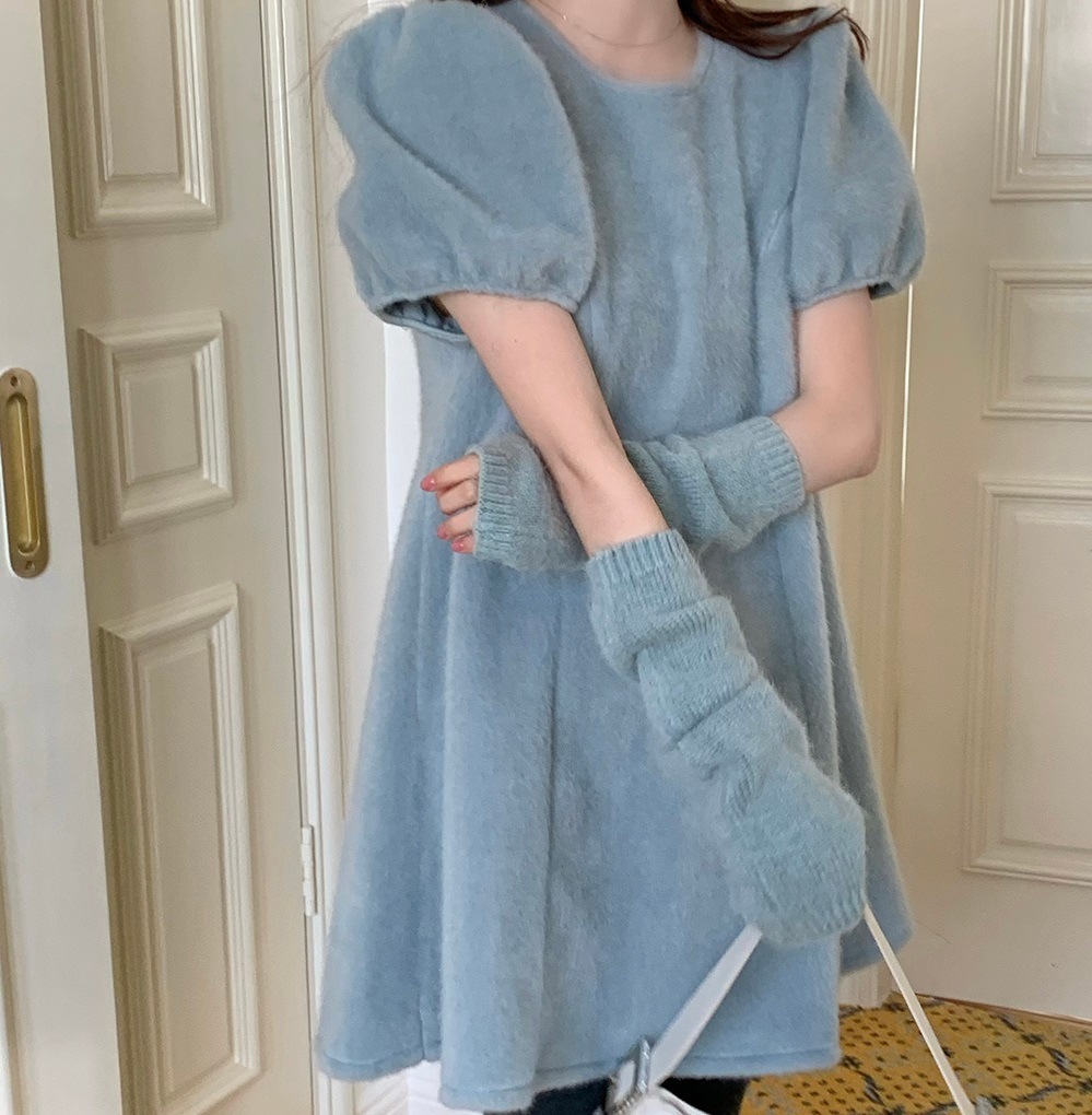 【送料無料】レディース 2カラー ワンピース アームウォーマー パフスリーブ 半袖 Aライン