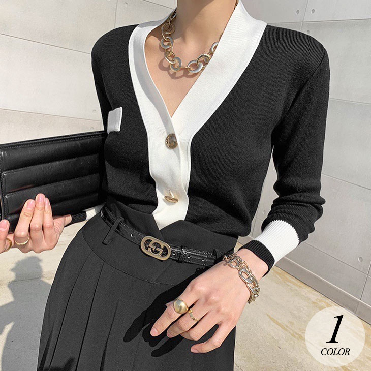 【2025新作 急速出荷】ニット カーディガン レディース 秋冬 バイカラー Vネック ニット カーディガン トップス Vネック配色ニットカーディガン 長袖 羽織り 金ボタン 2色 セーター レディ