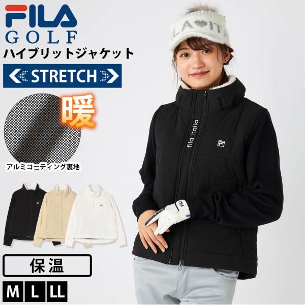 レディース ゴルフウェア ジャケット ハイブリッド 中綿入り ストレッチ 保温 防風 異素材 ミックス ブルゾン 長袖 ハイネック 前開き