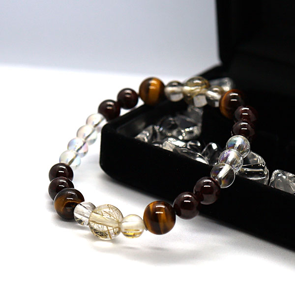 仕事運 金運アップ レディース ブレスレット ルチルクォーツ ガーネット タイガーアイ オーラ水晶 パワーストーン 天然石 お守り 開運 金運
