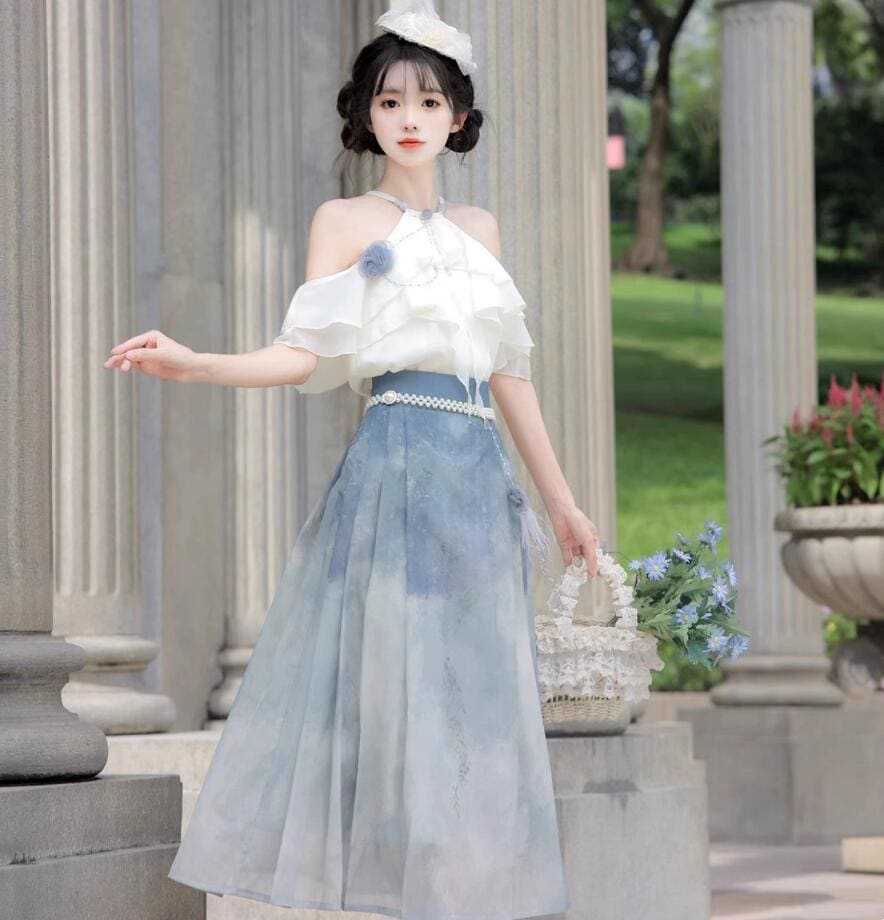 レディース 漢服 女性 ハロウィン コスプレ衣装 漢元素 上下セット スカラップ ボートネックトップス ロング丈馬面スカート パール飾り付き 学園祭 文化祭 イベント 撮影衣装 改良版漢服 おしゃれ 6,786円