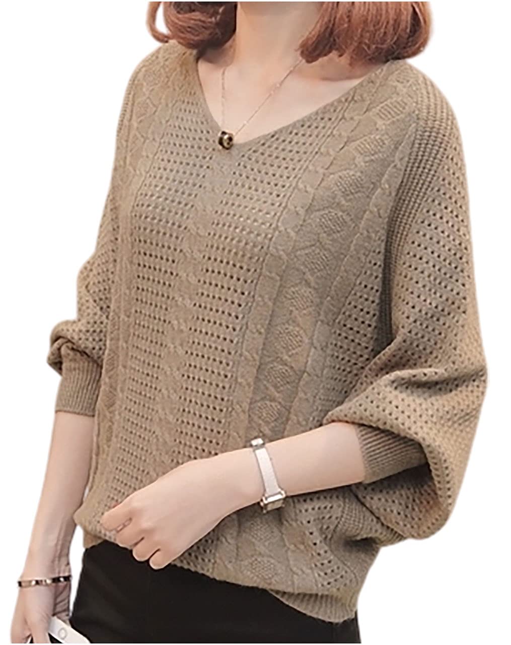 Vネック ニット トップス セーター 透かし編み 透け感 長袖 秋 冬 レディース