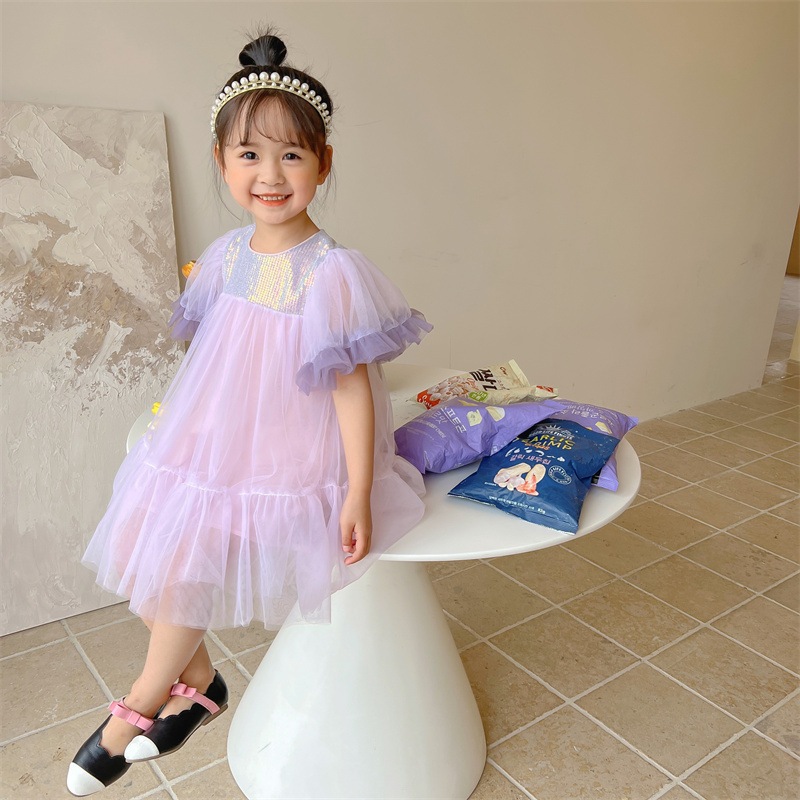 新品本物  新作中小 韓国語バージョン 2022年夏 子供服 女の子 卸売 甘い子供服 プリンセスドレス メッシュ スパンコール アウター
