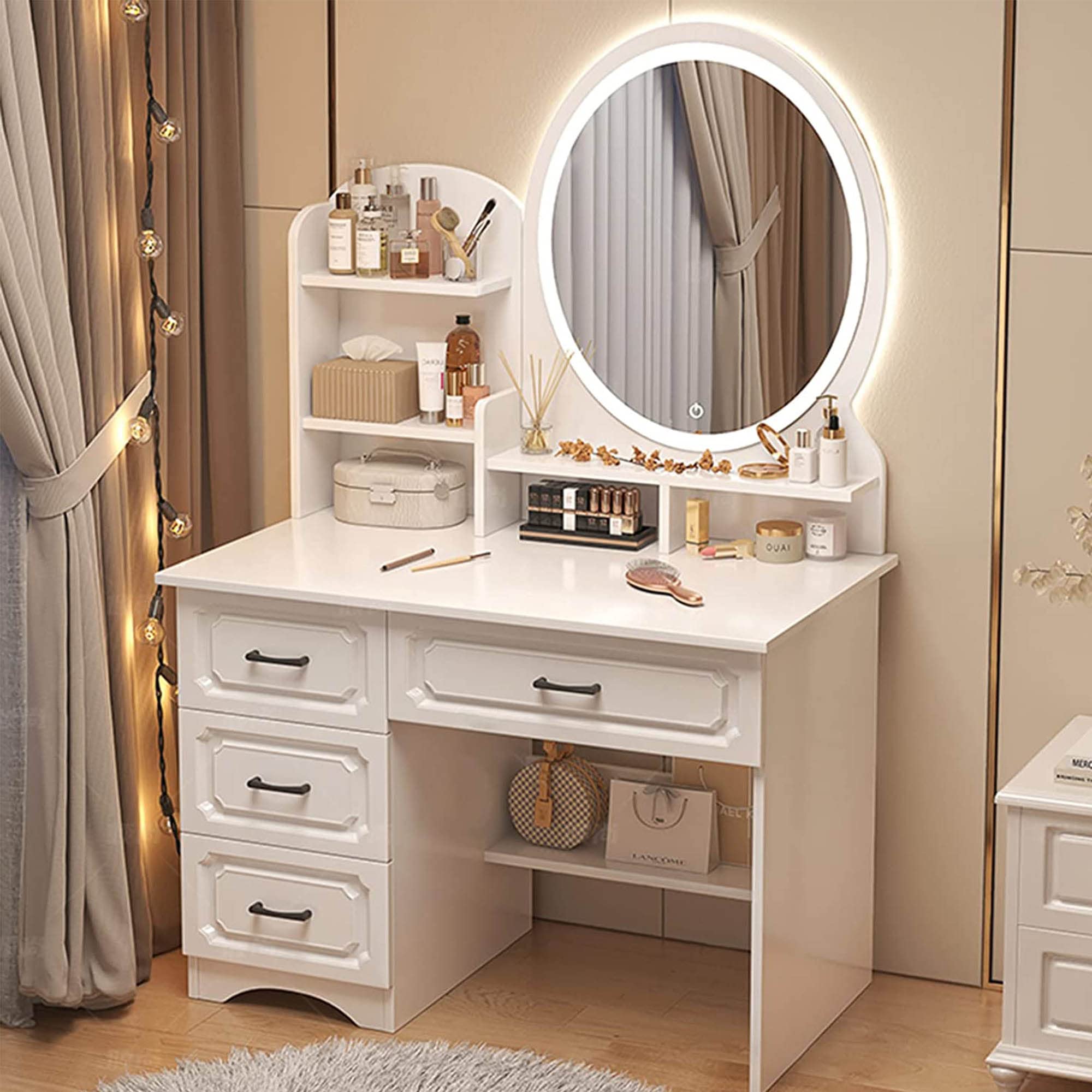 ドレッサー 化粧台 ミラーとライト付き引き出し 4 個付き 化粧台 3 色の調節可能なライトスツール付きドレッサー 白