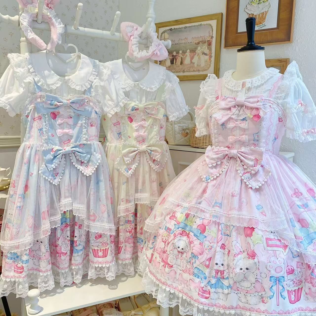 甘ロリータ ジャンパースカート お姫様 フリル 兎柄 うさぎぬいぐるみ プリント 袖なし レース裾 ジュニア 女子力 レディース 人形みたい エレガントロリ プリンセス お姫様ドレス個性的 可愛い