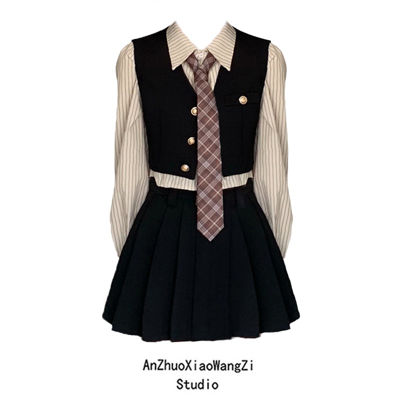 カレッジスタイル秋冬カーキシャツレディースベストプリーツスカートスリーピースアメリカンレトロ学生服 5,613円