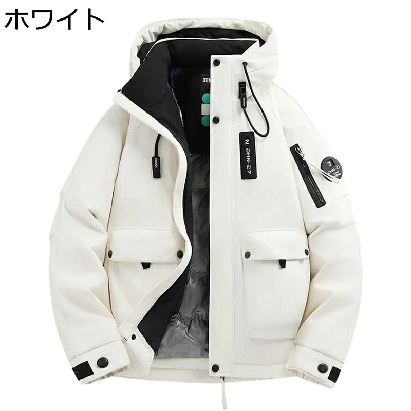 ダウンジャケット メンズ アウトドアジャケット カップル ショート丈 秋冬 ブルゾン ジャンパー フード付き おしゃれ 腕章 マルチポケット 厚手 防寒性 保温性 カジュアル 日常