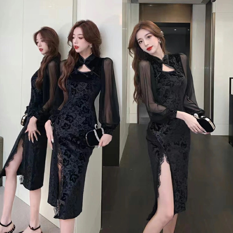 黒色 長袖 ロング丈 ストレッチ チャイナドレス パーティードレス(T)