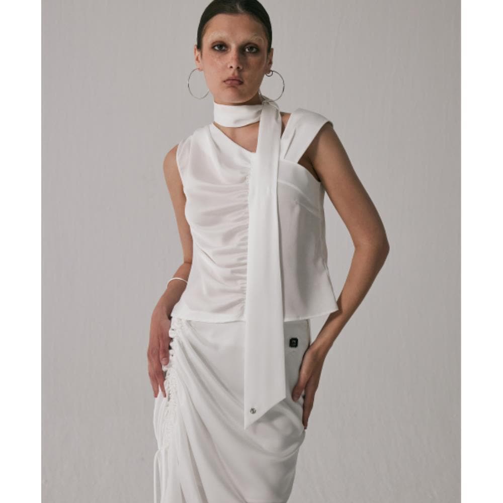 TREEMINGBIRD Tied Shirring Crop Shirts White TMB242SR7