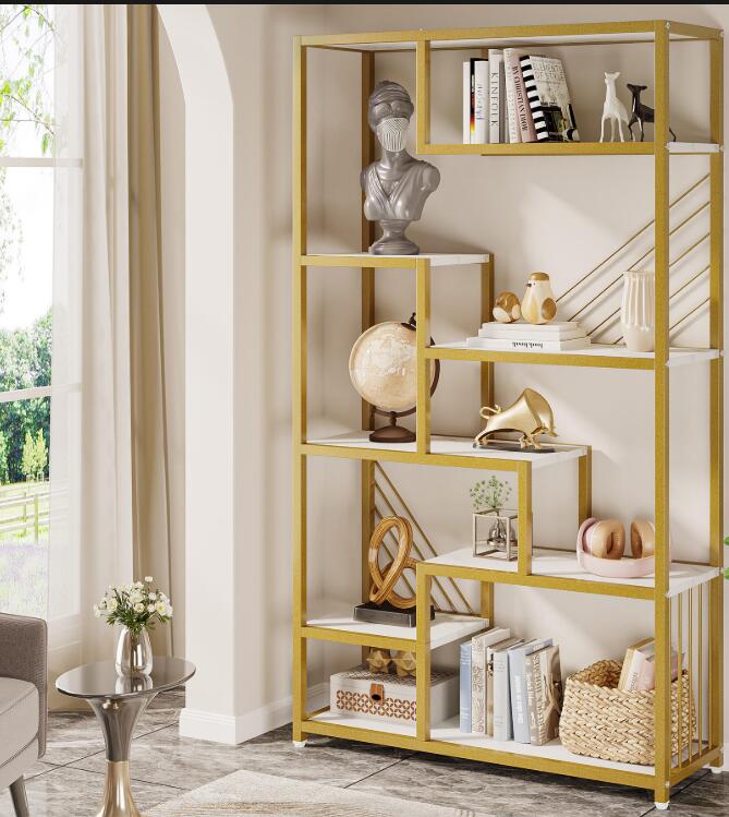 モダン本棚　木製オープンスタイル　大理石ホワイトゴールドフロアスタンド本棚ユニット収納棚付き