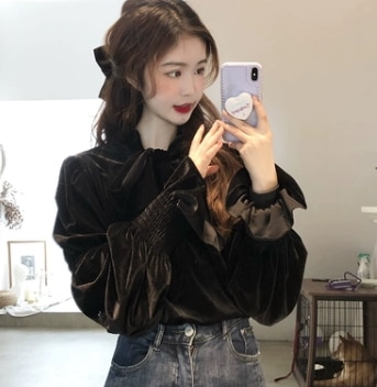 リボン ベロア コーデュロイ素材 トップス ブラウス プルオーバー ショート丈 長袖 襟なし スリム 細身 ストレート スマート リボン かわいい 大人可愛い きれいめ シンプル 大人 おしゃれ