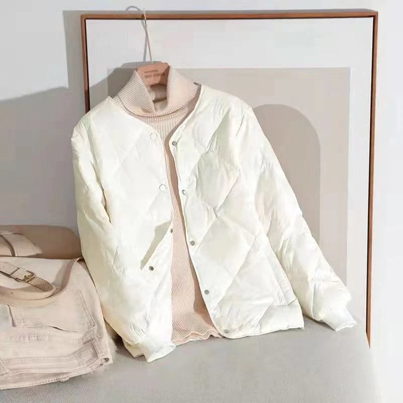 作トレンドダウンジャケットレディース冬服クルーネック軽量ボタンダウン無地秋冬ダウンコートゆったり暖かいパーカー保温防寒羽織り 5,711円
