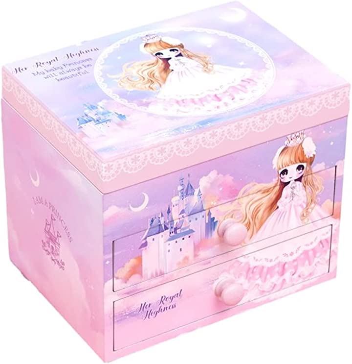 木製 子供用 オルゴール付 アクセサリー ケース ジュエリー ボックス 女の子 鏡付き おもちゃ箱(プリンセスアクセサリー付き)