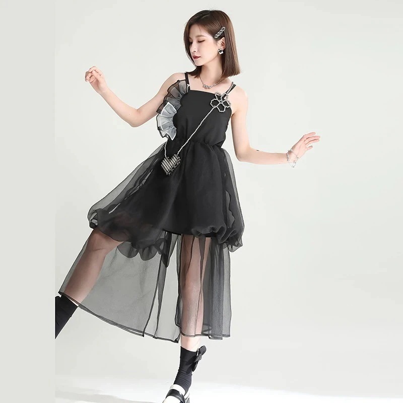 【J.Fashion】 Aライン キャミワンピース レイヤード 夏 ニセ2セット チュールスカート レディースワンピース 着痩せ ロングワンピース ドレス メガ割30%までに制限