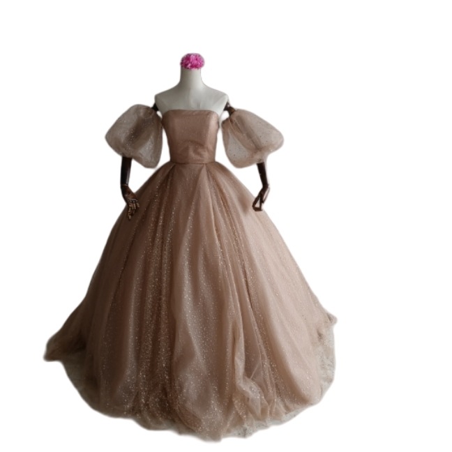 カラードレス シャンパン色 ベアトップ 編み上げ シースルー袖 キラキラチュール エレガント 二次会