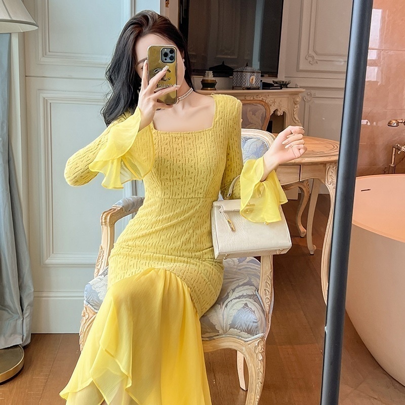 【JY.上品】 秋冬 マーメイド ロングワンピース フリル フレア スクエア襟 パーティードレス キャバ 着痩せ 大人 同窓会 披露宴 卒業式 結婚式 演奏会 ウェディング 二次会