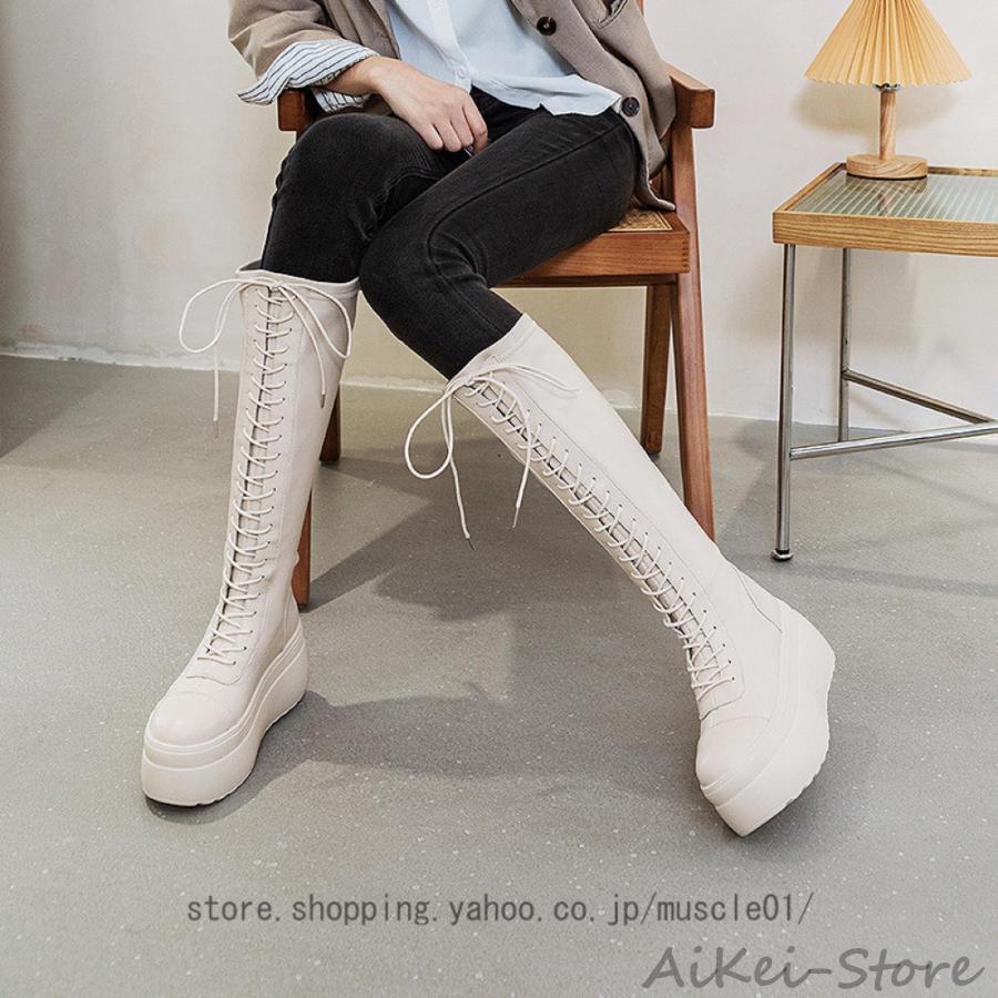 編み上げブーツ レディース 厚底 ロングブーツ ジョッキーブーツ 歩きやすい ジッパー コスプレ靴 おしゃれ 冬 ブーツ レディース ロング 黒 白 秋冬 シンプル