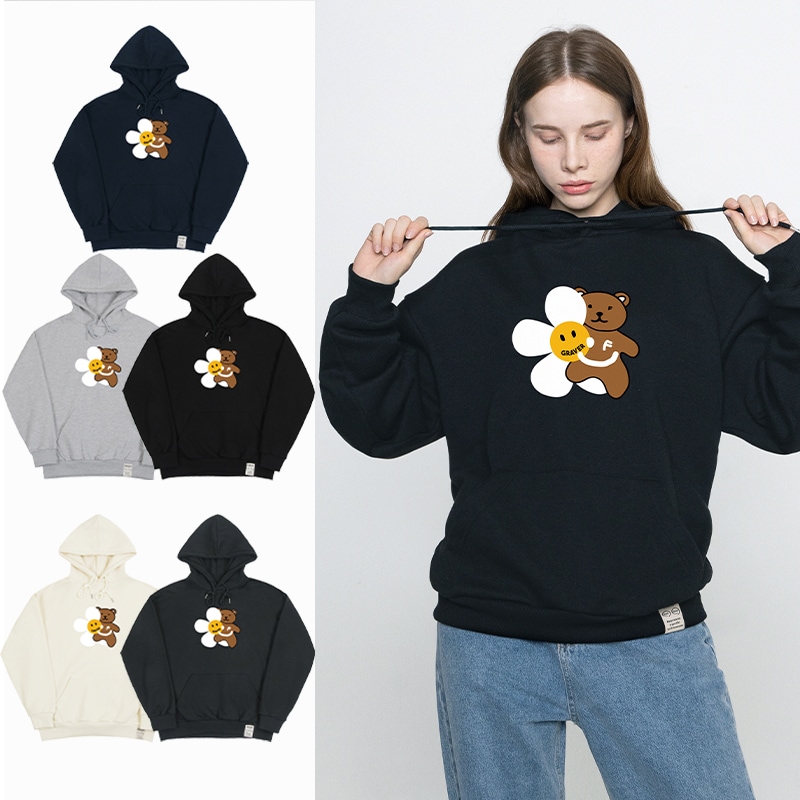 [UNISEX]Big Flower Bear Smile Hoodie_5color