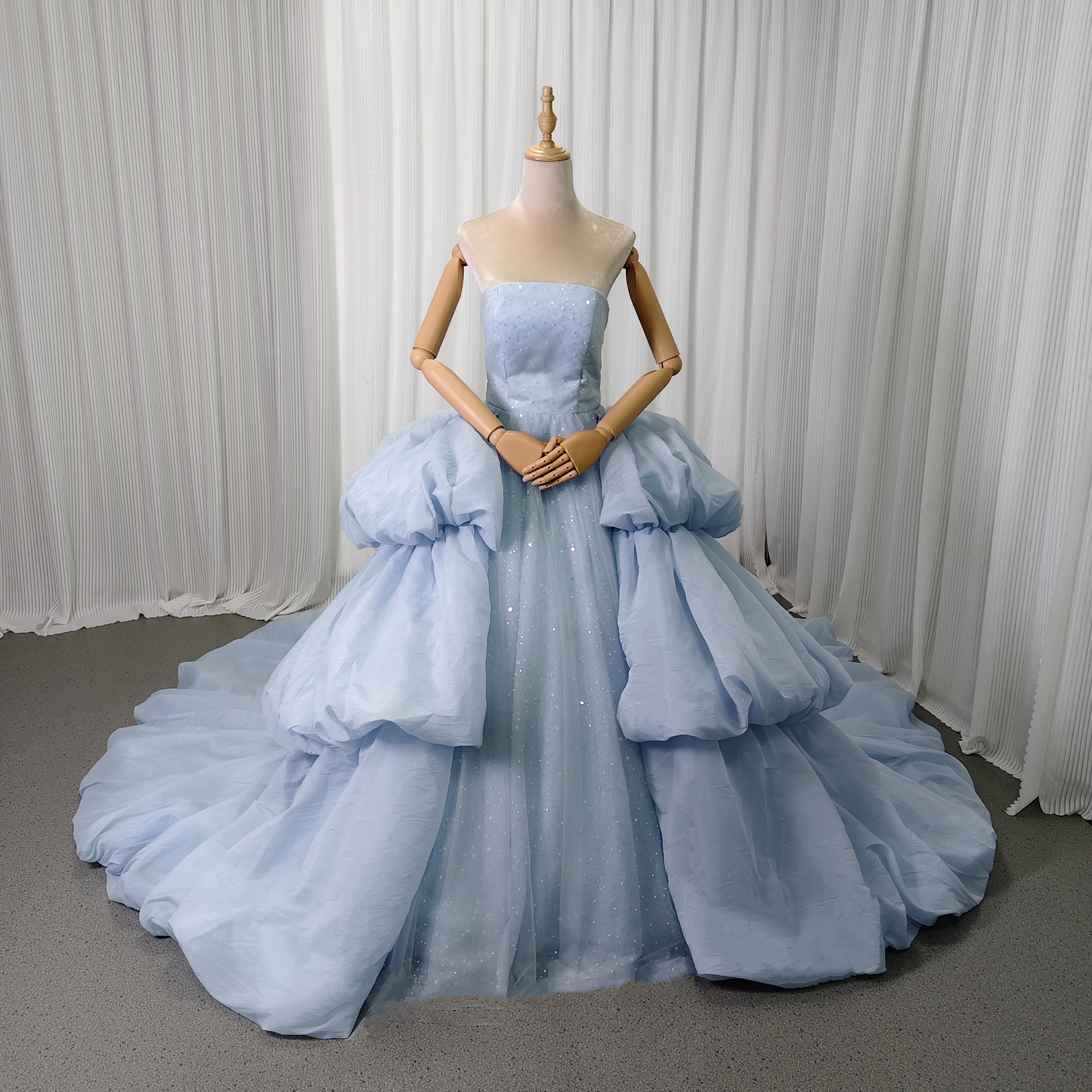 カラードレス 水色 ベアトップ ツーピース キラキラチュール ラッフルフリル リボントレーン前撮り