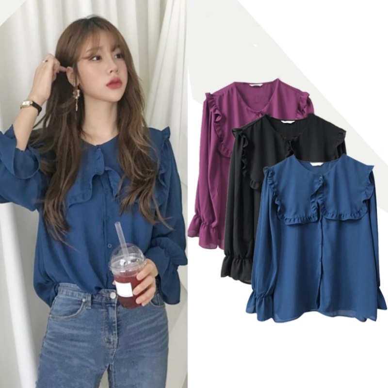 トップス シャツ ブラウス 襟付き ビッグ襟 ビッグカラー 長袖 ポエットスリーブ フリル ボタン 前開き キュート かわいい ガーリー 大人可愛い 大人女子 フェミニン きれいめ エレガント 上品