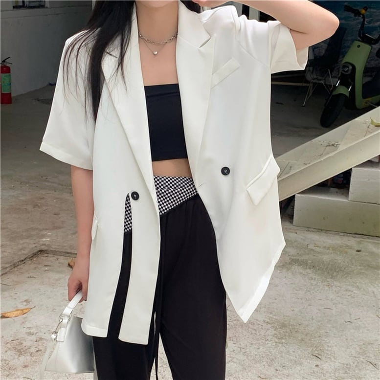3color レディース ジャケット 裾スリット 半袖 テーラードジャケット オーバージャケット