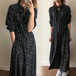 シャツワンピース レディース 40代 マキシワンピース 春夏秋 長袖ワンピース 花柄 シフォンフレアスカート オシャレカジュアル韓国風 大人 30代 ゆったり