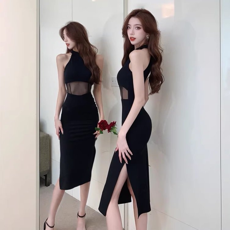 レディース スリット メッシュ ブロッキングデザイン ワンピース ドレス シースルー 透け感 ノースリーブ ホルターネック ブラック 大人可愛い ママコーデ 韓国系 オルチャン 人気