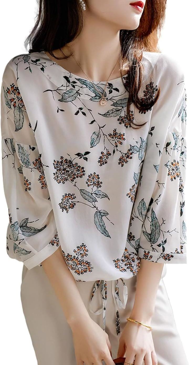 ボタニカル柄カットソー 花柄シフォン ドローストリング 透け感 7分袖 バルーンブラウス 細く見える 七部袖 結婚式 キレイめ 爽やか 配色 おおきめ ユッタリ 秋物(ホワイト, L)
