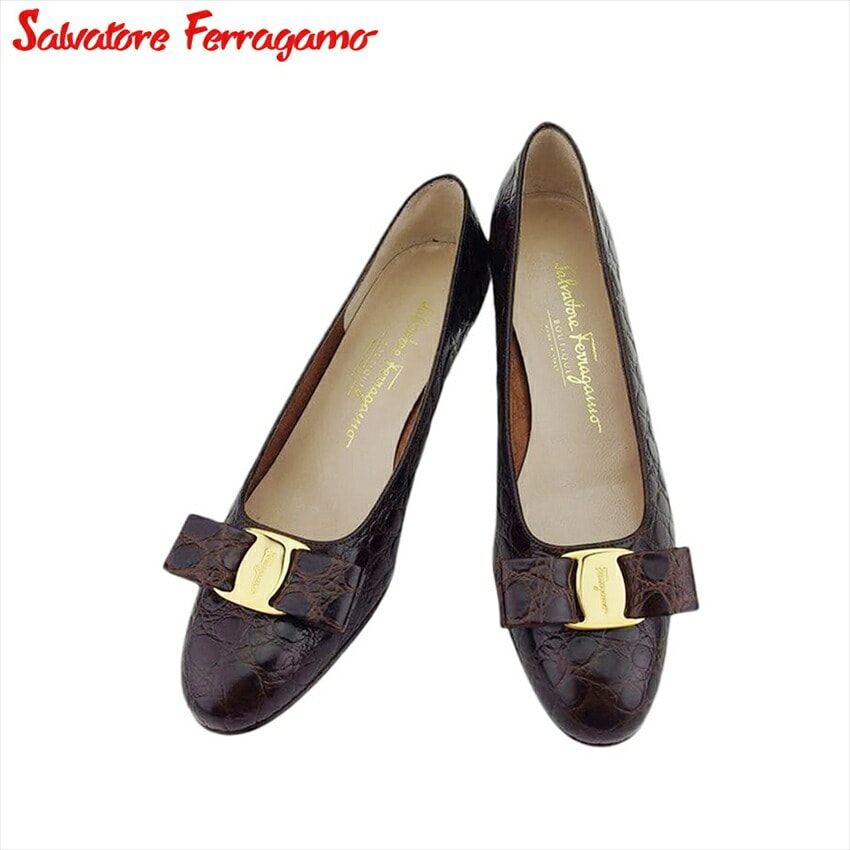 サルヴァトーレ フェラガモ パンプス シューズ 靴 レディース 7B クロコ調 ヴァラリボン Salvatore Ferragamo 中古