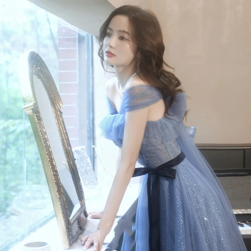 イブニングドレス ブルー ロングドレス 結婚式ドレス 二次会ドレス 水色 ウエスト結びつき リボン 可愛い キャミドレス チュール ドレス 発表会ドレス オフショルダー パーティードレス Aライン オ