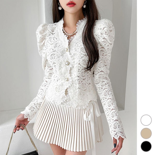 カーディガン レディース 長袖 起毛 レース パブスリーブ タイト 総レース Vネック パールボタン 上品 きれいめ 秋 冬 韓国 to26851