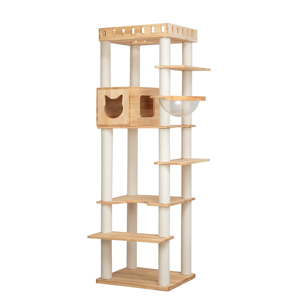 PETTIFUL キャットタワー 木製 【天然木使用】 大型 据え置き 大型猫 おしゃれ ラバーウッド 手編みカゴ インテリア性 多頭飼い スリム 夏冬兼用 見晴台付き 猫タワー 宇宙船 クリアボウル 25,537円