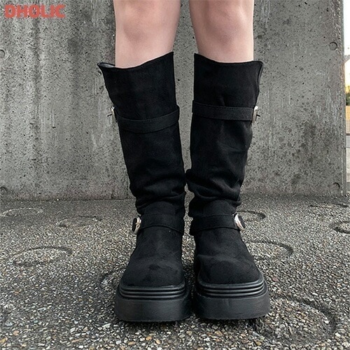 シルバーバックルスエード調ロングブーツ