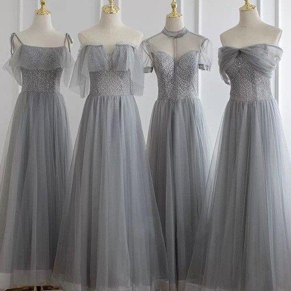 早買い早割 ブライズメイドドレス ロング グレー 結婚式 ドレス 体型カバー イブニングドレス パーティードレス 結婚式ワンピース ピアノ発表会ドレス フリル オフ 数量限定