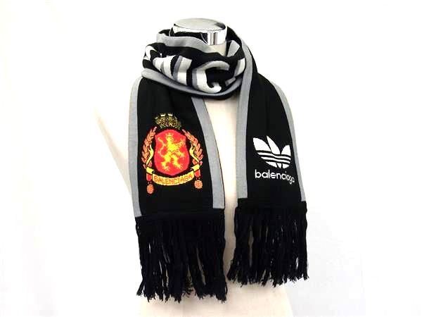 マフラー adidasコラボ サッカースカーフ アクリル50％ ウール50％ 724010 フリンジ ブラック マルチカラー ストール ブランド 高級 防寒 アクセサリー【本物保証】