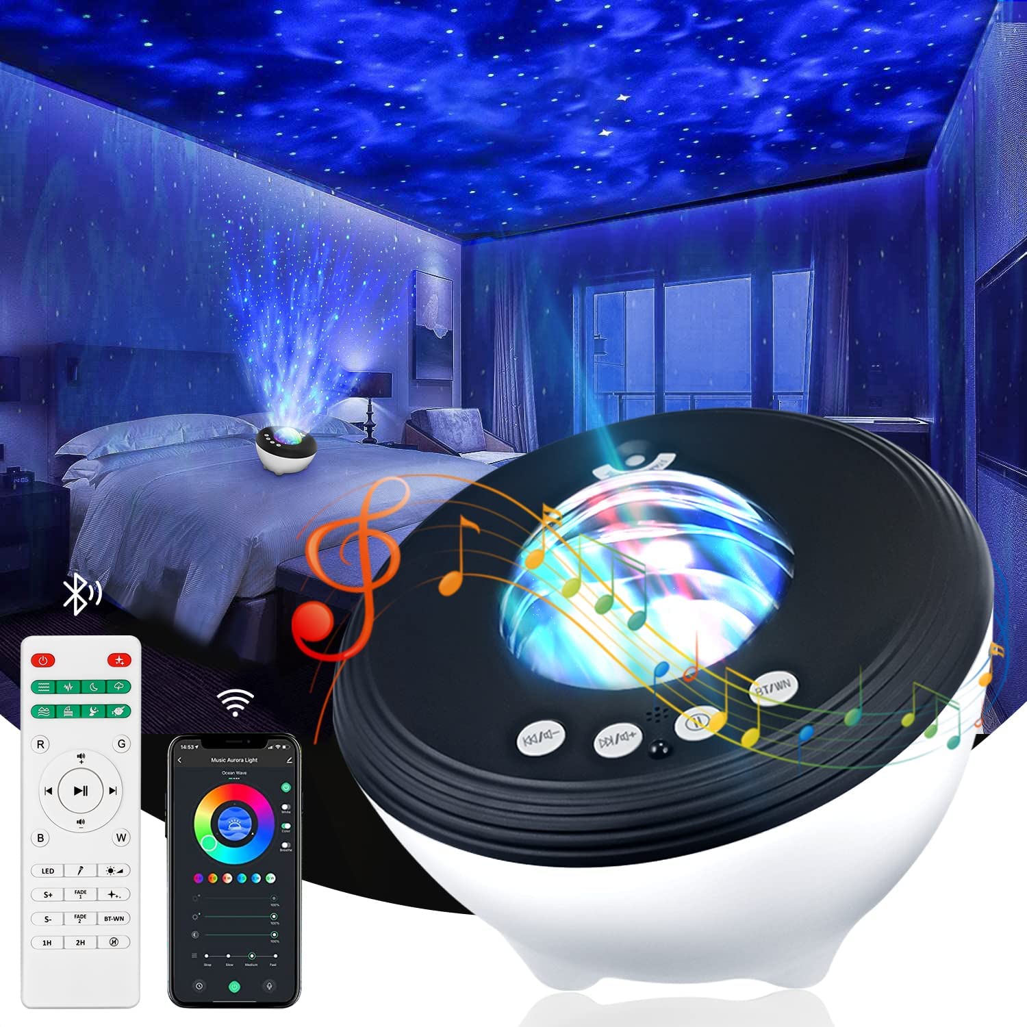 お財布に優しいプラネタリウム 家庭用 人気 48種点灯モード＆設計最新北極光 APP 音声制御式 星空ライト Blue tooth対応 スタープロジェクターライト タイマー機能付き ベッドサイドランプ