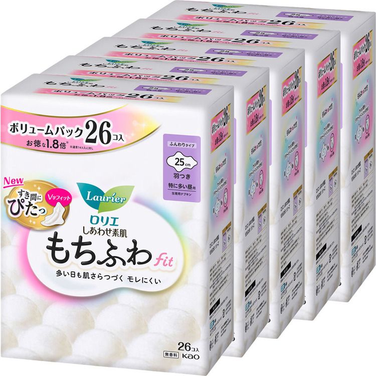 【5個セット】ナプキン 生理用品 羽つき ロリエ しあわせ素肌 もちふわfit 特に多い昼用 羽つき 26コ 25cm メガ割