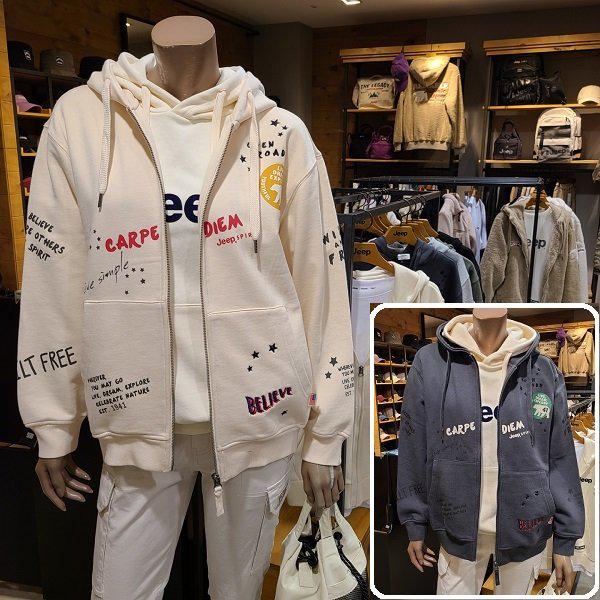 [在庫処分セール]男女兼用レタリングプリント刺繍フード付きジップアップ(JM3TZU032)