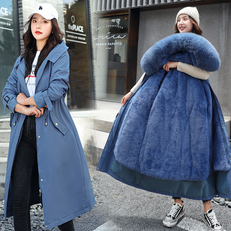 冬新作韓国バージョンパーカー大きな毛皮の襟ベルベット刺繍のミドル丈スリムコットンコートレディースダウンジャケットアウター