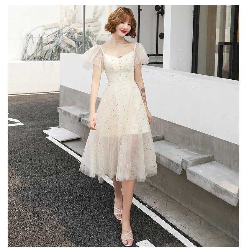 パーティードレス シャンペン ミモレ丈ドレス ウエディングドレス 20代 30代 40代 aラインワ