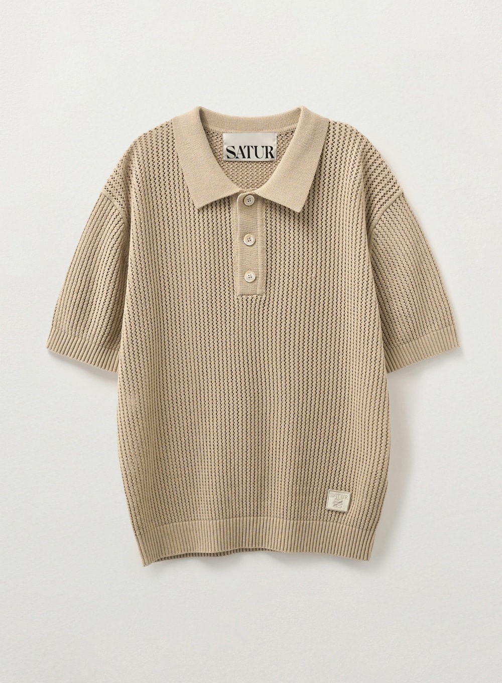 【SATUR】 POINTELLE COLLAR HALF KNIT : BEIGE